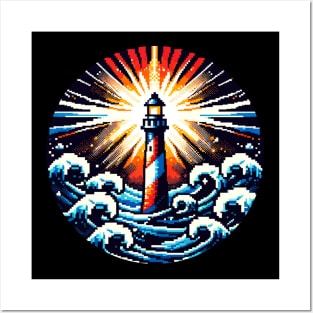 Pixel Art Lighthouse in Stormy Seas Posters and Art